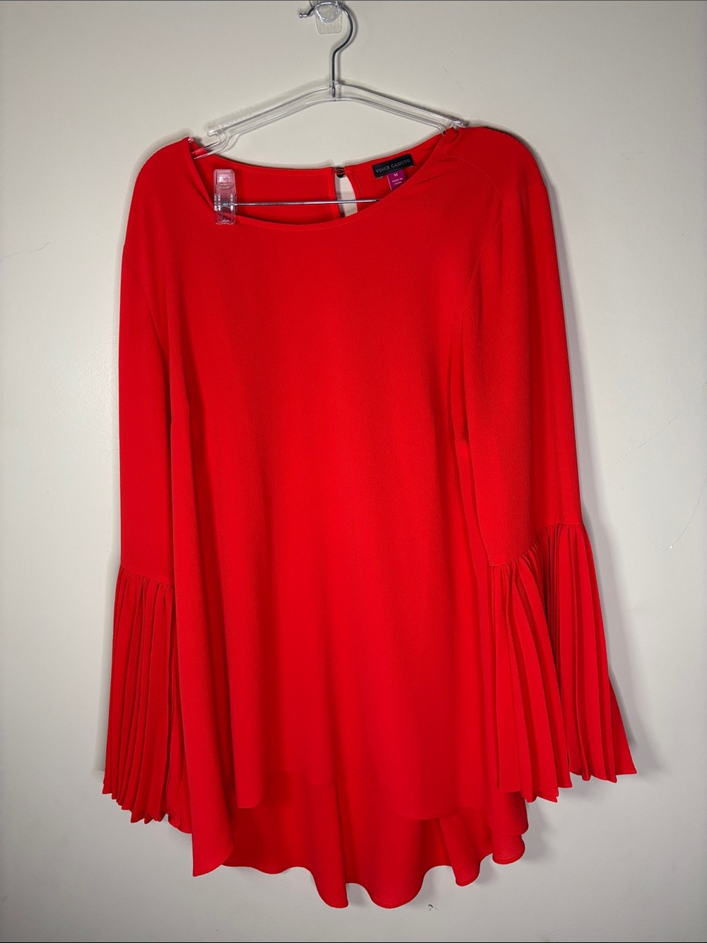 Vince Camuto Bright Orange Red Pleated Bell-Sleeve Long Sleeve Top